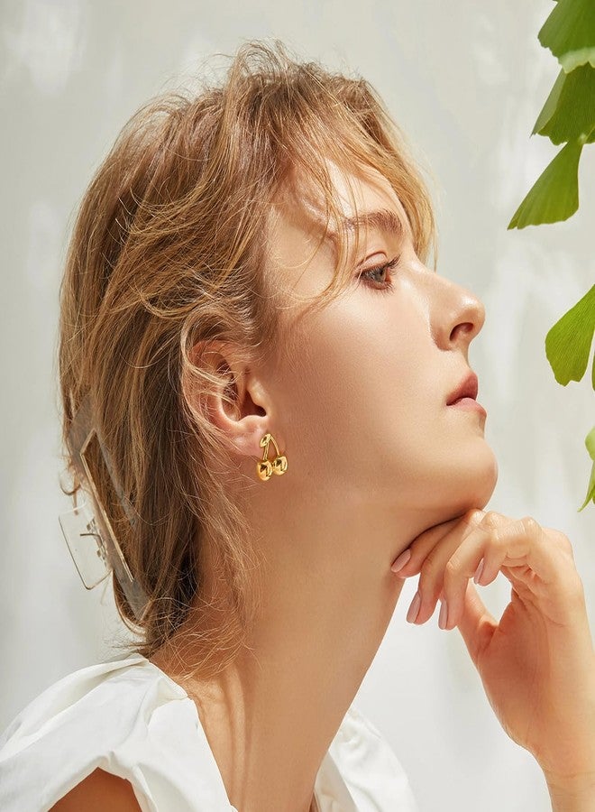 FAUTHENTICUTE Gold Cherry Stud Earrings For Women 14K Gold Plated Flat Back Earrings Cute Fruit Statement Earrings For Everyday - Image 4